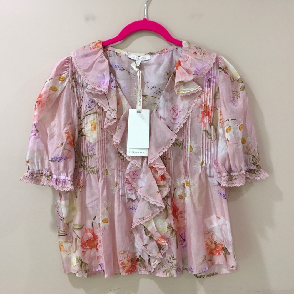 NWT Lucky & Coco Linda Blouse Pink Floral Ruffle Pintuck Cottagecore Womens M